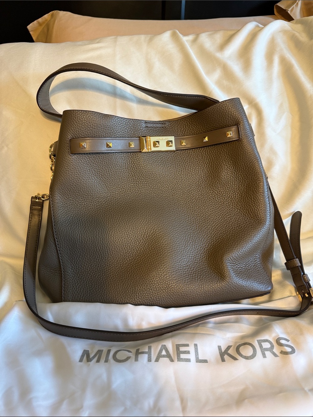 Michael Kors Brown Pebbled Leather Shoulder Bag with Gold-Tone Studs